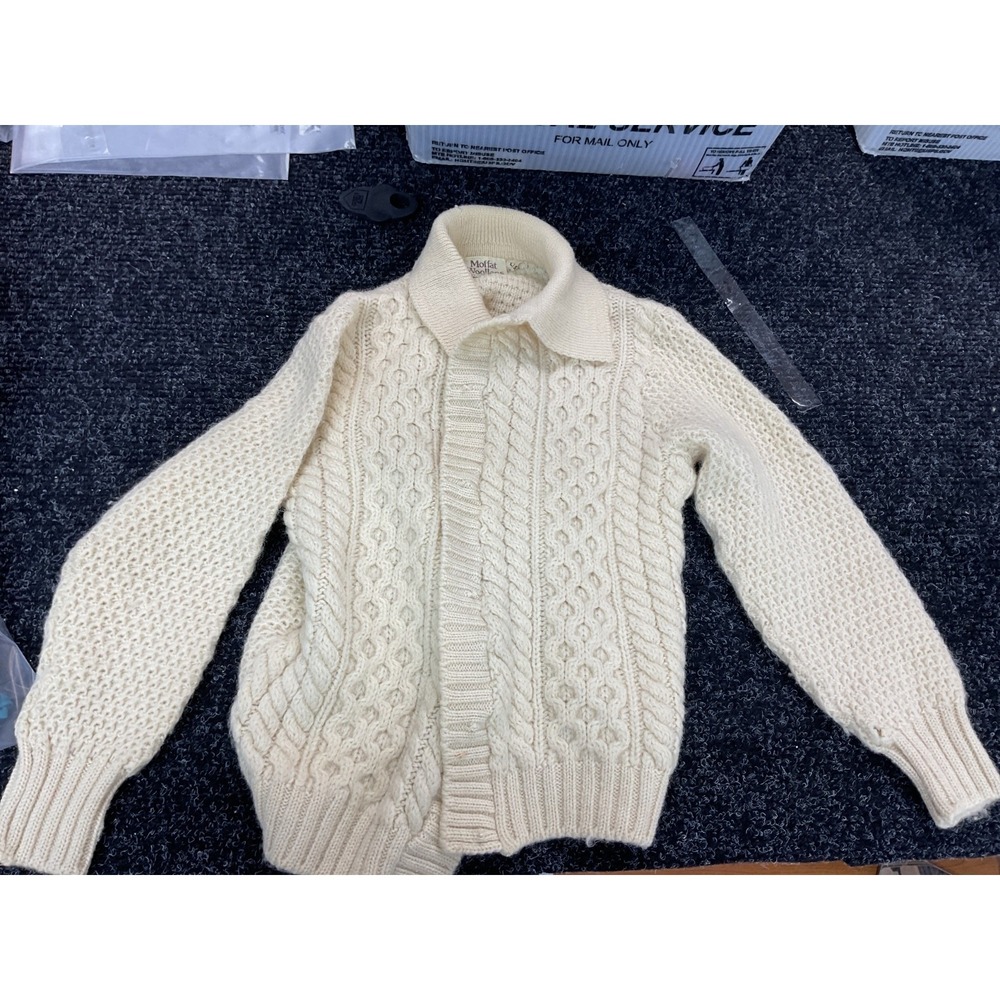 Vintage Morffat Woollen Scottish Wool Cable Knit Cardigan Cream Aran Sweater